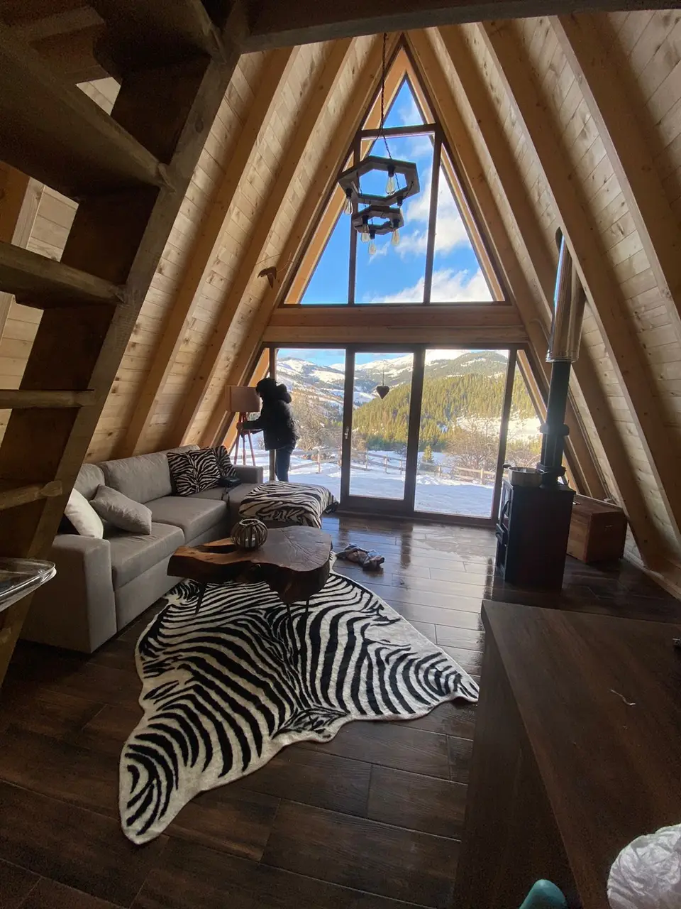 A-frame interior with a fireplace