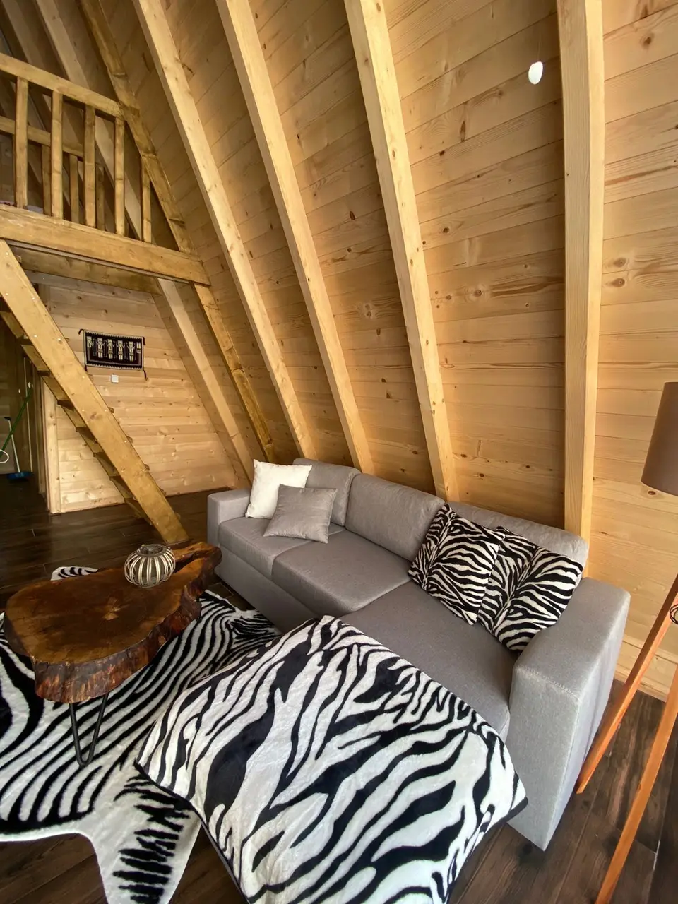 A-frame interior with a fireplace