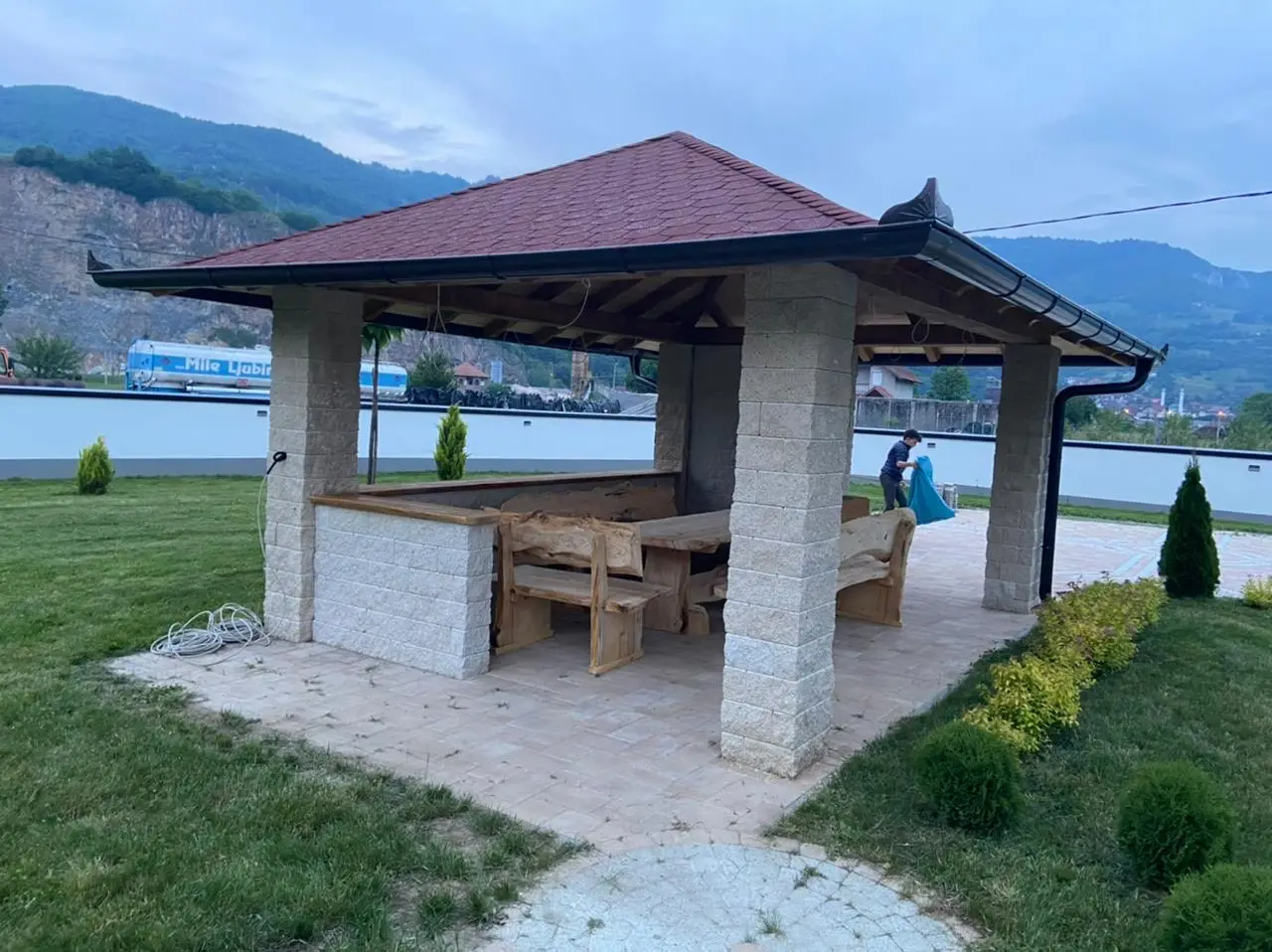 Gazebo with stone columns