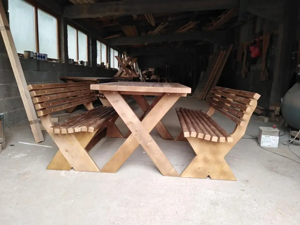 Solid wood table and benches